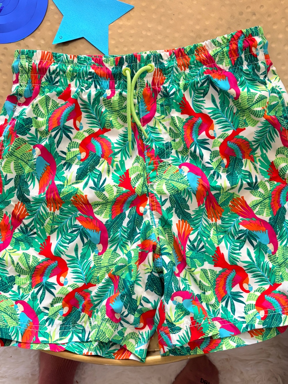 Old Navy Tropical Parrot Print Swim Shorts - White, Green, Red, Pink, Blue
